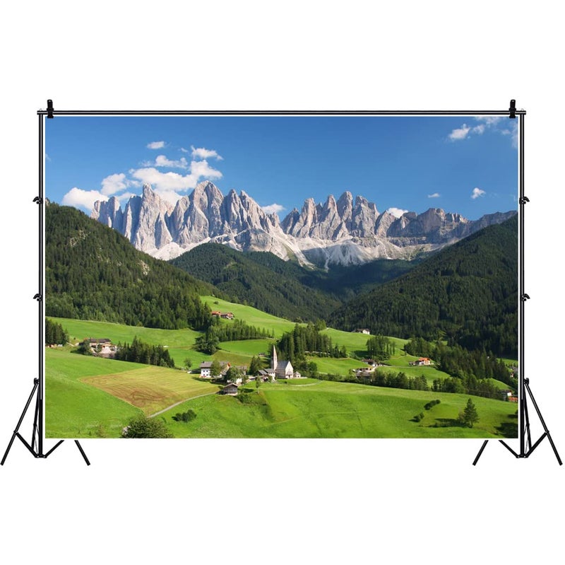 Laeacco European Alps Backdrop 5x3ft Photography Background Dolomites Swiss Mountains Green Forest Blue Sky Scenic Spot Outdoor Photo Background Studio Props Photo Studio - Image 2